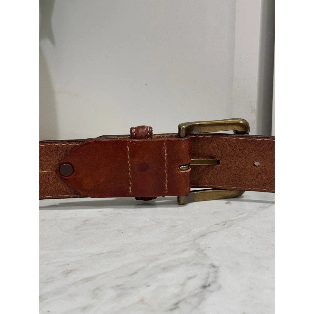Genuine Leather Belt Mens 34 Brown Double Stitched Brass Buckle Rugged Western